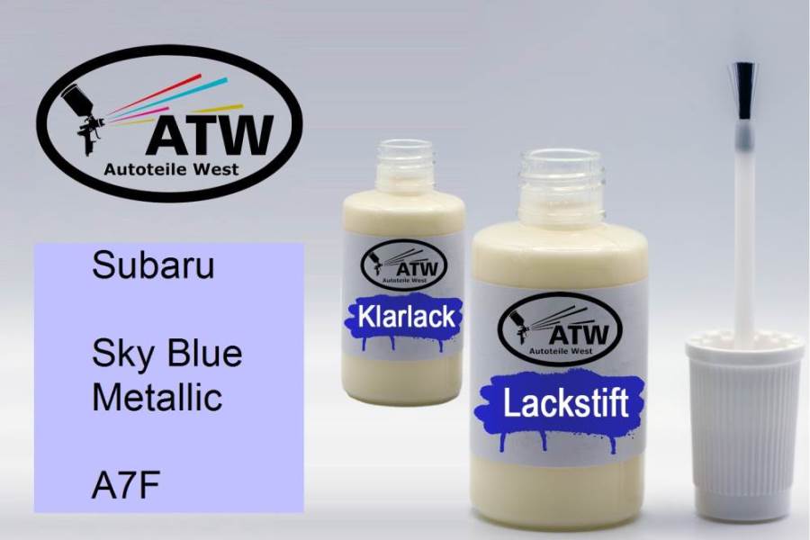 Subaru, Sky Blue Metallic, A7F: 20ml Lackstift + 20ml Klarlack - Set, von ATW Autoteile West.